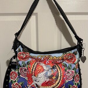 Ed Hardy Bag Hobo Bag Dead Or Alive Rhinestone Horse Skeleton Flowers Tattoo New
